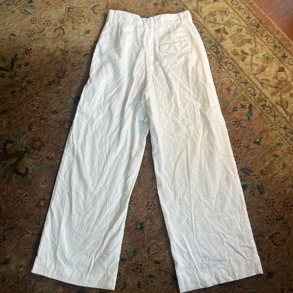 Banana Republic White Linen Wide Leg High Rise Pleated Pants Boho Euro Summer 6